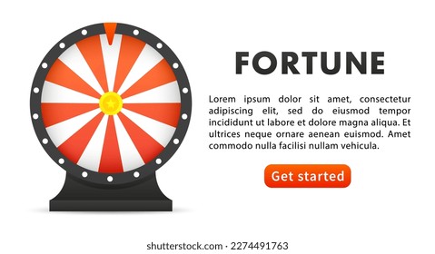 Fortune wheel. Cartoon rotating circle with colored sectors and arrow element. Lottery and random raffle prizes. Spinning roulette. Win money or gifts. Risky games in casino. Vector illustration