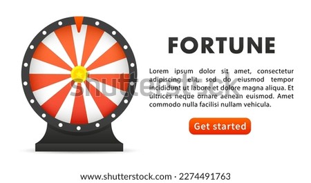 Fortune wheel. Cartoon rotating circle with colored sectors and arrow element. Lottery and random raffle prizes. Spinning roulette. Win money or gifts. Risky games in casino. Vector illustration