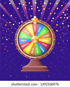 Fortune wheel of casino vector, gambling and playing games for money. Dollars and cash made of deal, betting and winning, congrats with victory confetti
