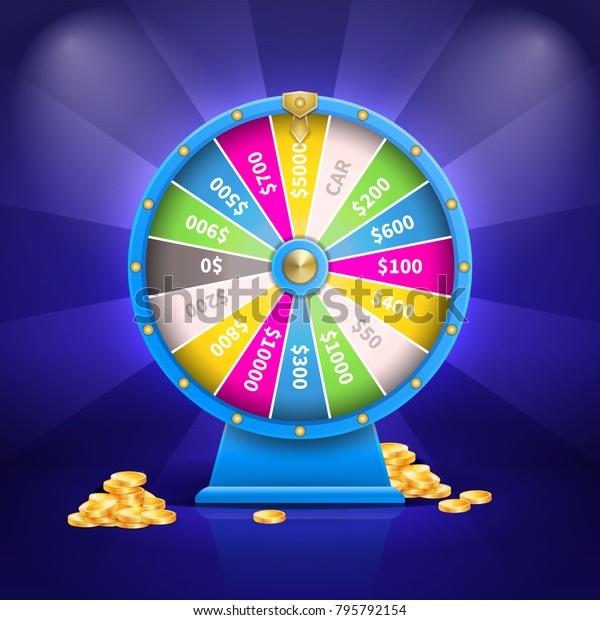 Fortune wheel with colorful sectors and number\
of sum of money, golden coins and stripes, poster vector\
illustration isolated on blue\
background