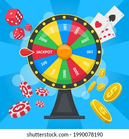 Fortune wheel concept. Casino lucky wheel game, gambling fortune wheel with dice, cards, and chips vector background illustration. Lottery spinning wheel poster. Play casino and lucky, money and prize