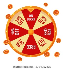 Fortune wheel discount. Spin to win voucher or coupon in store, online shopping game for customers. Ecommerce, marketing elements, nowaday vector banner