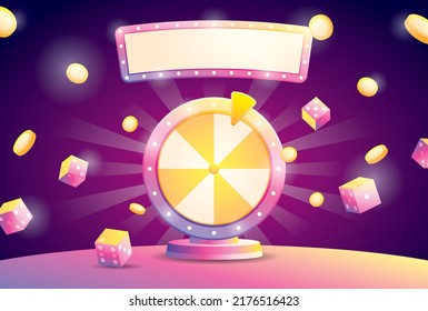 fortune wheel and futuristic gradient dice   light bulb sign 3d illustration vector