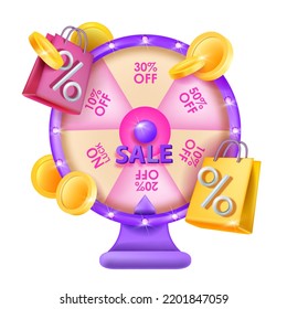 Fortune wheel game, 3D spin vector banner, special gift offer roulette clipart, flying golden coins. Success discount casino game concept business shopping bag, sale promo percent. Fortune wheel prize