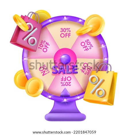 Fortune wheel game, 3D spin vector banner, special gift offer roulette clipart, flying golden coins. Success discount casino game concept business shopping bag, sale promo percent. Fortune wheel prize