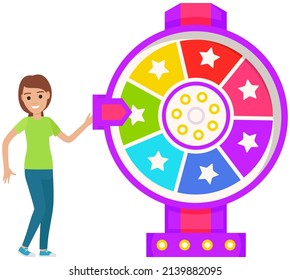 Fortune wheel, game money, winner play luck. Win, jackpot, victory in game. Female character spinning wheel of fortune to win prize, money, success. Young woman celebrating victory, jackpot