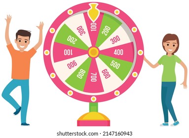 Fortune wheel, game money, winner play luck. Win, jackpot, victory in game. Male character spinning wheel of fortune to win prize, money, success. Young man dancing and celebrating victory, jackpot