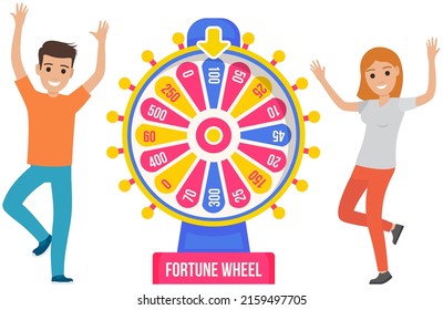 Fortune wheel, game money, winner play luck. Win, jackpot, victory in game. Male character spinning wheel of fortune to win prize, money, success. Young man dancing and celebrating victory, jackpot