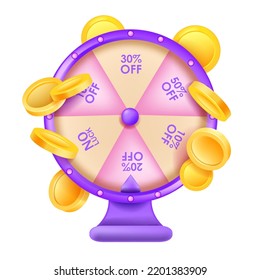 Fortune wheel game, special gift offer roulette clipart, 3D spin vector banner, flying golden coins. Success discount concept lucky round casino game, business shopping sale promo. Fortune wheel prize