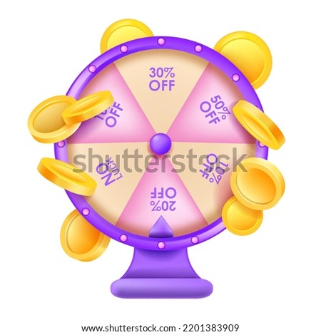 Fortune wheel game, special gift offer roulette clipart, 3D spin vector banner, flying golden coins. Success discount concept lucky round casino game, business shopping sale promo. Fortune wheel prize