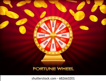 Fortune wheel, game spin, realistic 3d lucky spinning, luxury gold roulette. Vector illustration, casino background for luck, money, jackpot, play, lottery. Isolated modern winner fortune wheel.