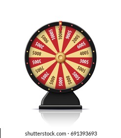 Fortune Wheel with glowing lamps for online casino, poker, roulette, slot machines, card games. Black realistic 3d fortune wheel object isolated on white background