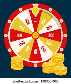 Fortune wheel and golden coins, casino gambling game poster with prize combinations and stacks of earned money. Betting and risk concept, hobby leisure. Vector illustration in flat cartoon style