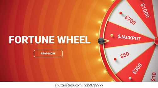 Fortune wheel of good luck internet advertising banner landing page realistic vector illustration. Betting entertainment lucky gamble game playing lottery win announcement jackpot risk chance rotation