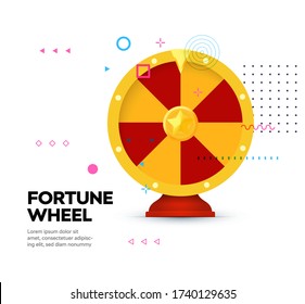 Fortune Wheel Icon On Memphis Style Background. Gambling Website Banner. Random Winner Casino Slot Machine Poster. Raffle Prize. Money Bets Emblem. Isolated Lottery,roulette Vector Illustration.