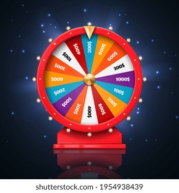 Fortune wheel or lucky spin games, vector casino and gambling design. 3d lottery, jackpot and money prize winner roulette with gold arrow, colorful win sections, light bulbs and sparkles