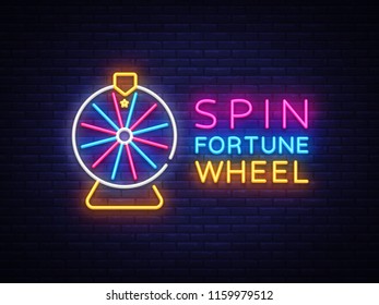 Fortune Wheel Neon Logo Vector. Fortune Wheel neon sign, design template, modern trend design, night neon signboard, night bright advertising, light banner, light art. Vector illustration