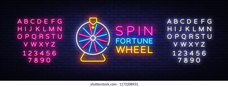 Fortune Wheel Neon Logo Vector. Fortune Wheel neon sign, design template, modern trend design, night neon signboard, night bright advertising, light banner, light art. Vector. Editing text neon sign