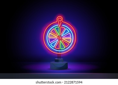 Fortune Wheel Neon Logo Vector. Fortune Wheel neon sign, design template, modern trend design, night neon signboard, night bright advertising, light banner, light art. Vector