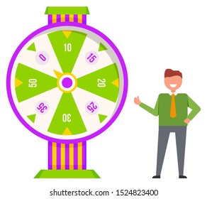 Fortune wheel with numbers vector, isolated character spinning circle for luck. Gambler wearing tie and smiling. Male playing for money, businessman hoping for success and victory flat style