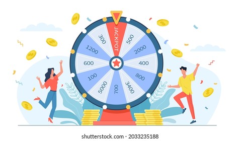 Fortune wheel people. Casino gaming game, lucky players have bingo and win money, numbers slots, spinning round machine, man and woman winners jackpot. Vector cartoon flat isolated concept