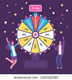 Fortune wheel with people. Man and woman spinning roulette wheel. Risk game and casino lottery vector concept. Illustration of winner people woman and man in casino