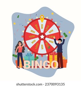 Fortune wheel with people. Man and woman spinning roulette wheel. Risk game and casino lottery vector concept. Illustration of winner people woman and man in casino , Win the contest