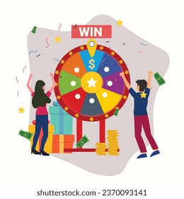 Fortune wheel with people. Man and woman spinning roulette wheel. Risk game and casino lottery vector concept. Illustration of winner people woman and man in casino , Win the contest