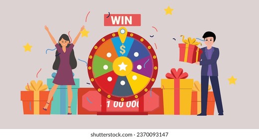 Fortune wheel with people. Man and woman spinning roulette wheel. Risk game and casino lottery vector concept. Illustration of winner people woman and man in casino , Win the contest