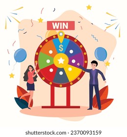 Fortune wheel with people. Man and woman spinning roulette wheel. Risk game and casino lottery vector concept. Illustration of winner people woman and man in casino , Win the contest