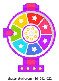 Fortune wheel with pointer, stars and dots, casino gambling game icon. Vector slot machine in flat style design. Vegas entertainment device, betting concept
