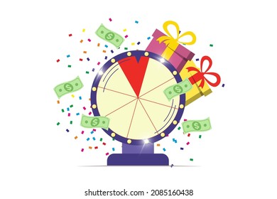 Fortune wheel poster. Spinning lucky roulette with win money cash, prize gifts and confetti on white background. Gambling game banner. Life good luck and success symbol. Winner take chance eps concept