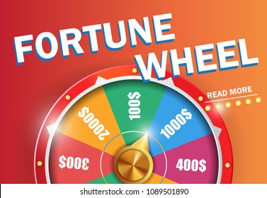 Fortune wheel read more inscription on orange background. Casino business advertising design. For posters, banners, leaflets and brochures.