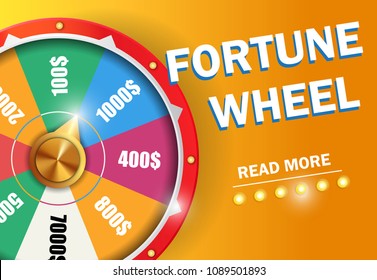 Fortune wheel read more inscription on yellow background. Casino business advertising design. For posters, banners, leaflets and brochures.