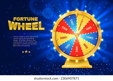 Fortune wheel spin background or casino banner. Lottery bet, casino fortune or jackpot win chance vector backdrop. Gambling roulette poster or background with golden wheel, light flare and sparkles