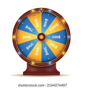 Fortune Wheel Spin. Blue And Yellow Circle With Division Into Slots With Money. Entertainment And Gambling, Prizes And Lucky Draw System. Graphic Elements For Website. Carton Flat Vector Illustration