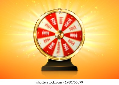 Fortune wheel spin, casino lucky roulette game of chance with money prizes, lose and jackpot win sectors. Gambling lottery or raffle online entertainment, amusement, Realistic 3d vector illustration