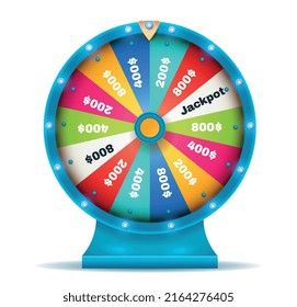 Fortune wheel spin. Multicolored circle divided into slots with money. Prize draw on website, online games and gambling. Poster or banner for lottery on internet. Carton flat vector illustration