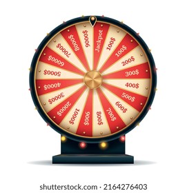 Fortune wheel spin. Red and gold circle with division into slots with prize for drawing and gambling. Casino and entertainment equipment, graphic element for website. Carton flat vector illustration