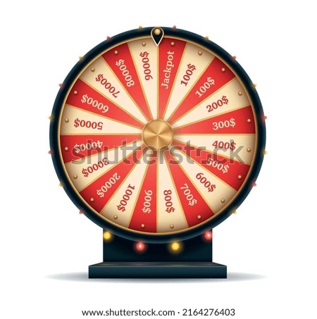 Fortune wheel spin. Red and gold circle with division into slots with prize for drawing and gambling. Casino and entertainment equipment, graphic element for website. Carton flat vector illustration