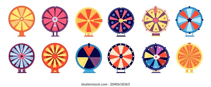 Fortune wheel. Spin roulette icon, odds success in gambling. Wealth winning opportunity, internet casino, risk entertainment utter vector set