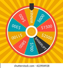 Fortune wheel vector illustration. Colorful lucky wheel template. Prize, winner game, fortune, money win, casino, lottery.