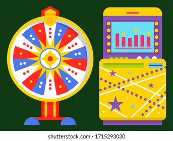 Fortune wheel vector isolated machinery, scheme and chart on screen. Spinning device with stars and pointers showing reward and sum of money. Flat style gaming and gambling in casino entertainment