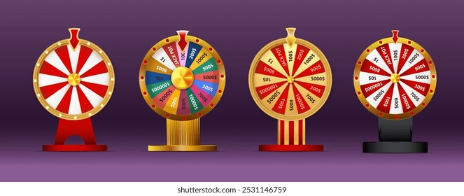 Fortune wheel vector set illustration for gambling background and lottery win concept. Wheel fortune for game and win jackpot.