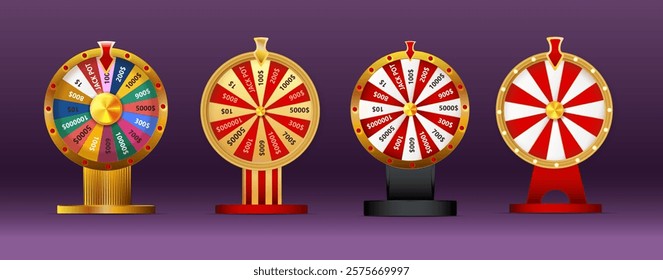 Fortune wheel vector set illustration for gambling background and lottery win concept. Wheel fortune for game and win jackpot.