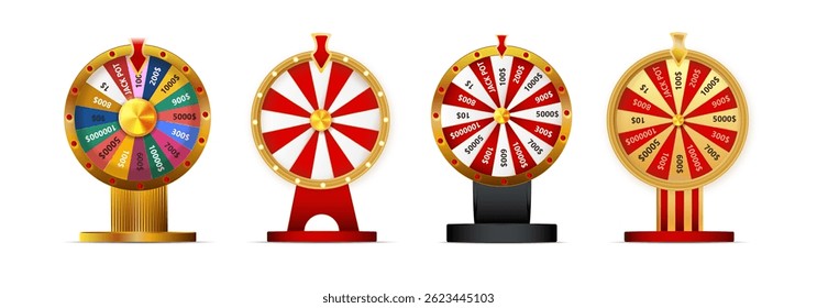 Fortune wheel vector set illustration for gambling background and lottery win concept. Wheel fortune for game and win jackpot.
