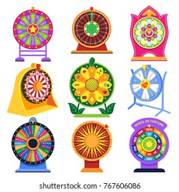 Fortune wheel vector spin game icons roulette lucky fortunate wheeled lottery casino set illustration isolated on white background