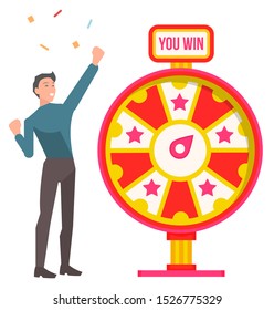 Fortune wheel and win, man winner and confetti vector. Money or prize, guy in winning pose and color cirle or roulette, opportunity and luck, victory. Wheel with text you win. Man celebrate jackpot