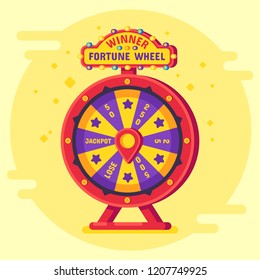 Fortune wheel winner. Lucky chance spin wheels game, modern turning money roulette spin lottery winner risk jackpot gaming and spinning gambling entertainment vector flat poster