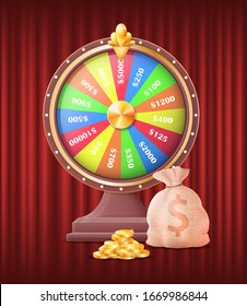 Glücksspiel-Rad gewinnende Vektorillustration, Kreisel mit Dollarzahlen und Wetten. Tasche gefüllt mit Geld, Dollars Münzen goldene finanzielle Vermögenswerte für Gewinner